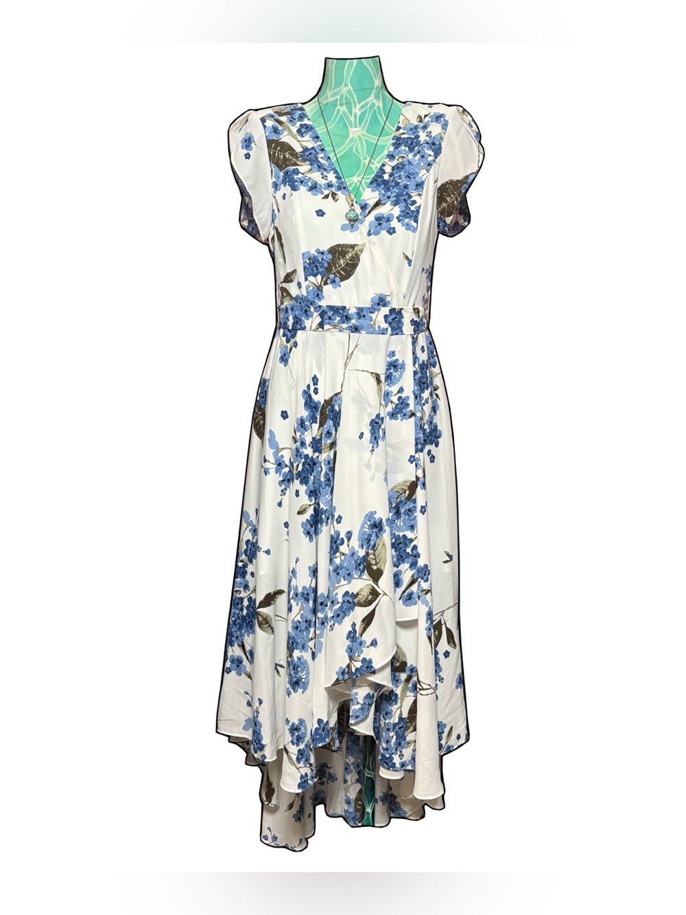 Lulu's NWOT White V-Neck High-Low Dress With Blue Floral Pattern